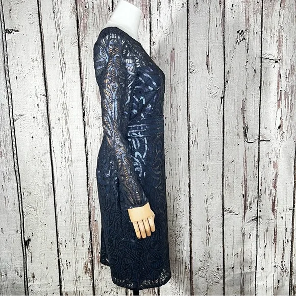 Tadashi Shoji Sequins Swirl Fitted Lace Long-Sleeve Cocktail Dress Size 2 EUC - Picture 8 of 16